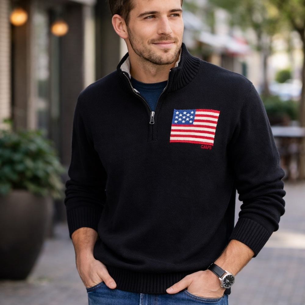 Men's Black Half-Zip Sweater with Flag Patch